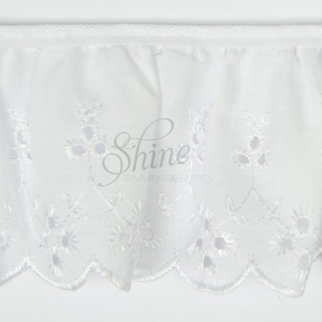 Gathered Broderie Anglaise Cambric Lace Trimming White Shine