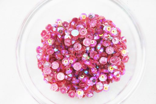 Plastic 6mm Round Sew On Stones Pink Glitter AB
