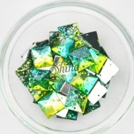 Plastic Two-Tone Emerald Green Lime Sew on Stone Square 14mm