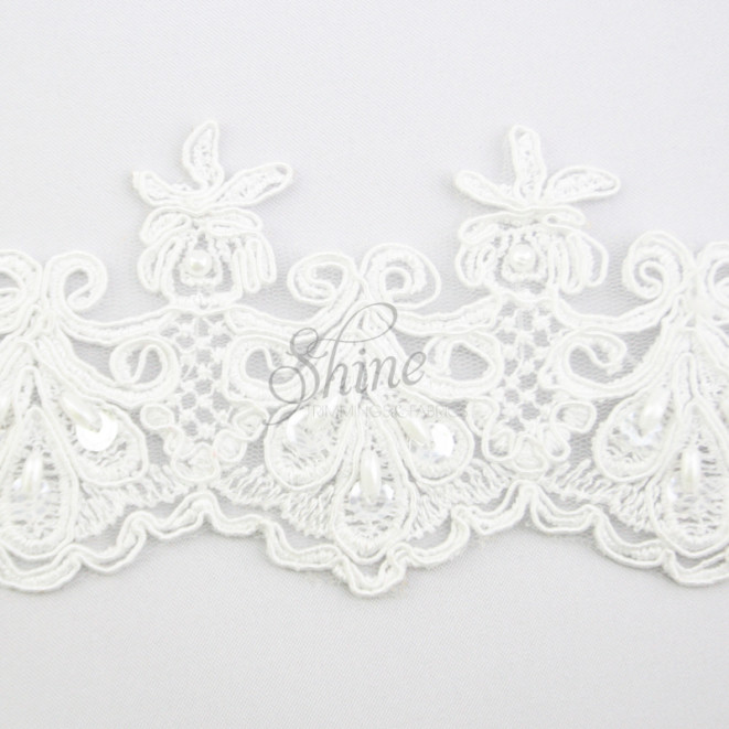 Beaded Embroidery Lace Trimming Floral Scroll S11618 White Shine