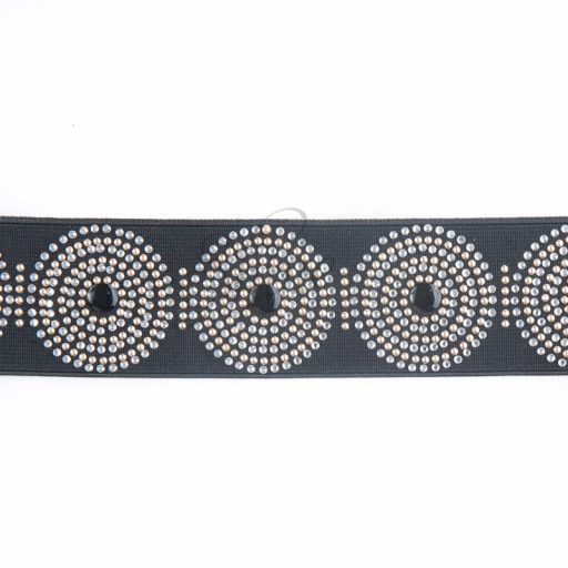 Belting Elastic Silver/Gold/Black Stones - Circle Pattern on Firm Black 40mm