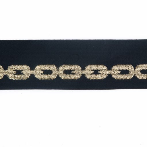 Belting Elastic Gold Chain Print on Soft Black 50mm