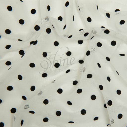 Flocked Spot Stretch Mesh - White with Black Dots
