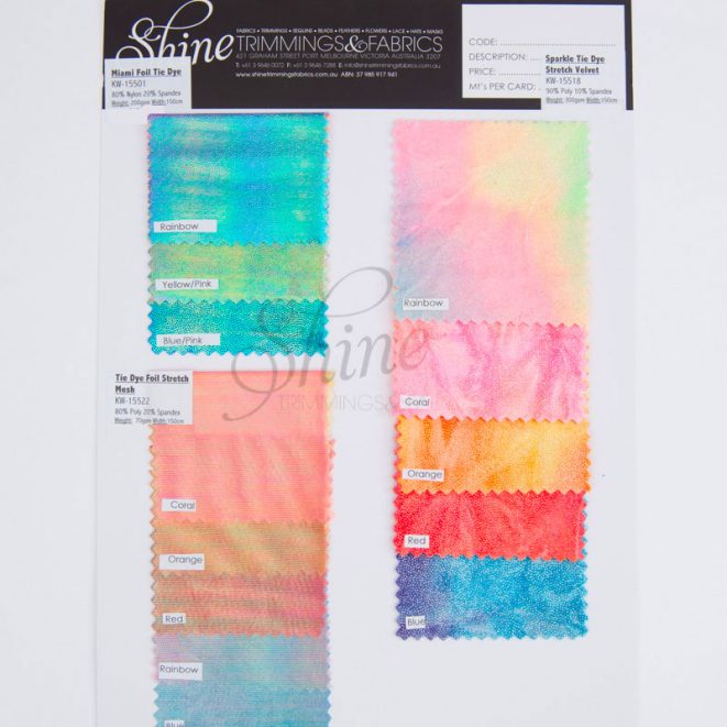 Tie Dye Fabrics Sample Cards Shine Trimmings & Fabrics