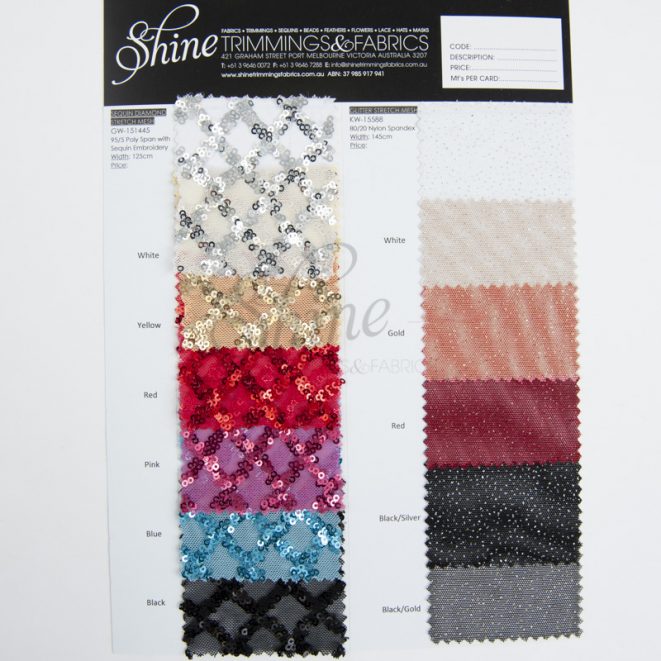 Sequin Diamond And Glitter Stretch Mesh Sample Cards Shine Trimmings