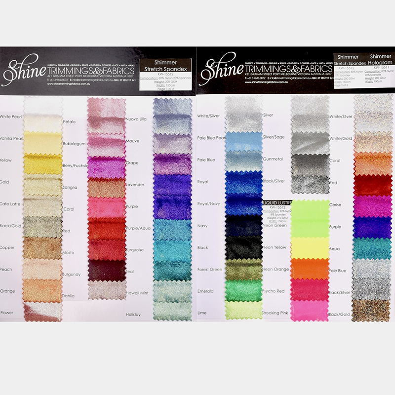 Shimmer, Shimmer Hologram & Liquid Lustre Stretch Spandex Sample Cards