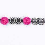 Black Mesh Trim with Pink Roses and Diamante Squares