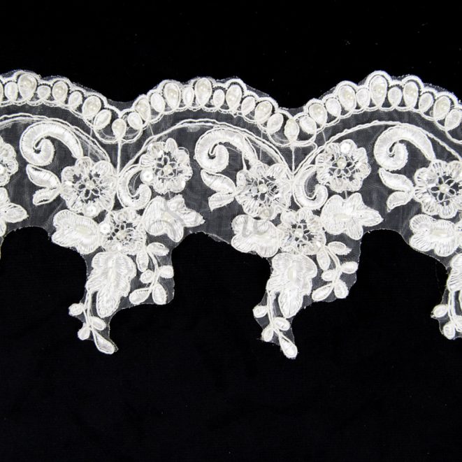 Beaded Embroidered Lace Trim Ivory with Clear Sequins and Pearls Shine Trimmings & Fabrics