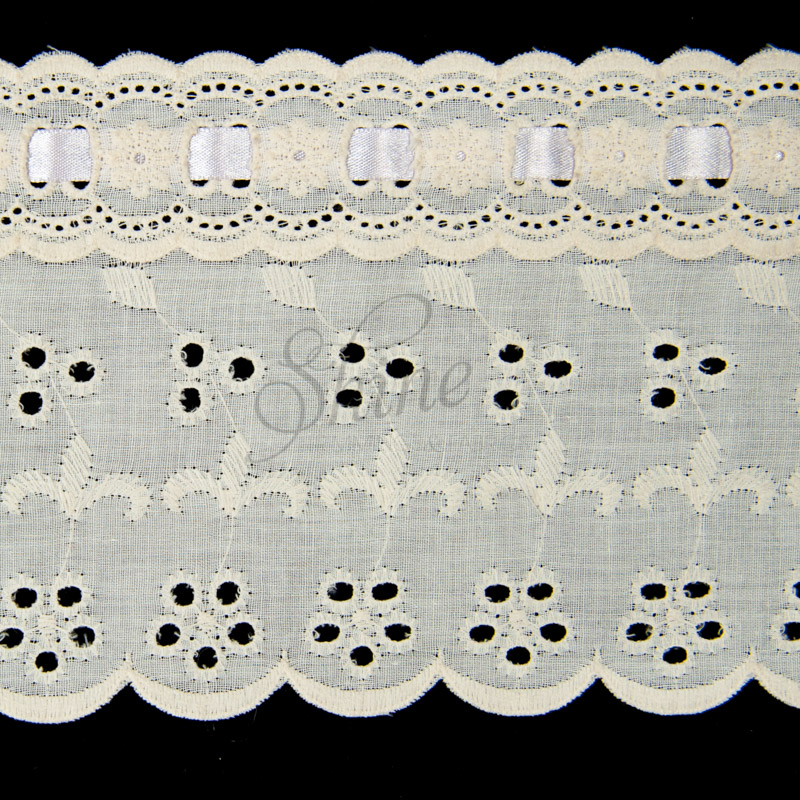 Broderie Anglaise Cambric Lace Trimming 351108R - Cream with Lilac Ribbon