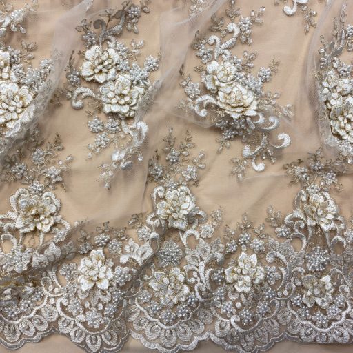 3D Embroidered Lace with Scalloped Edge - Ivory Champagne