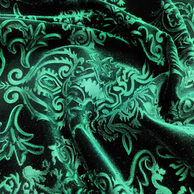 Embossed Regal Stretch Velvet Bottle Green Shine Trimmings & Fabrics
