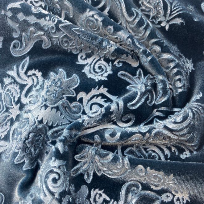 Embossed Regal Stretch Velvet Steel Blue Shine Trimmings & Fabrics