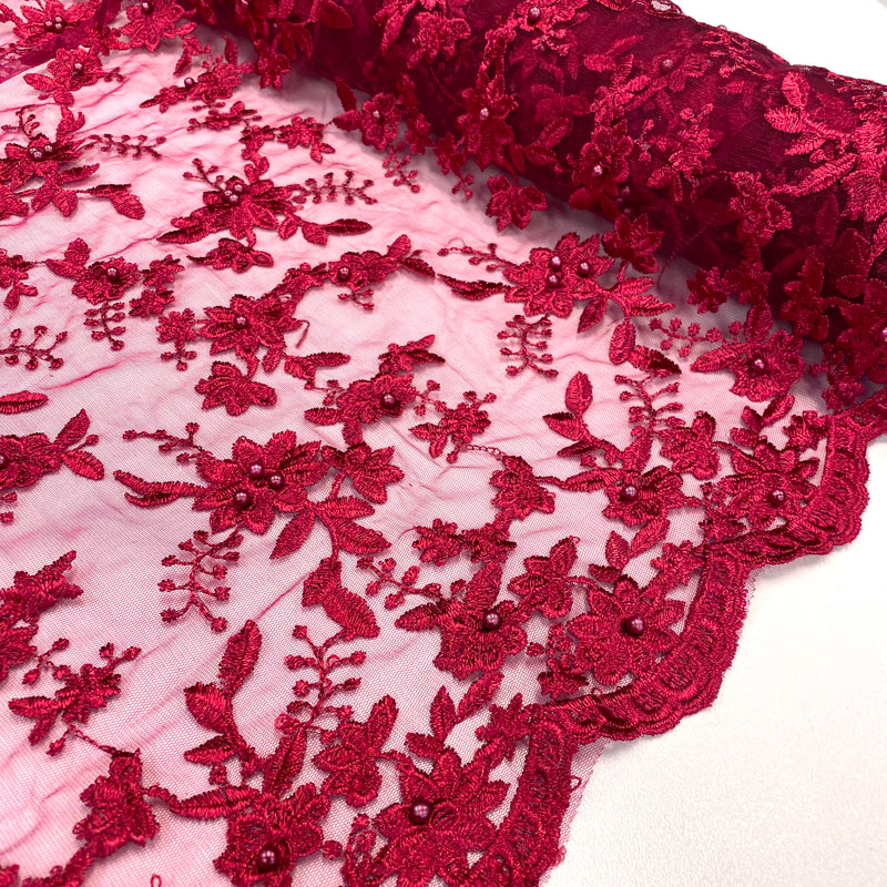 Beaded Floral Embroidered Lace With Scalloped Edge Burgundy | Shine ...