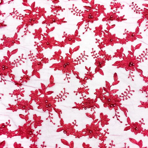 Beaded Floral Embroidered Lace With Scalloped Edge Burgundy