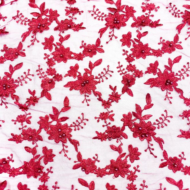Beaded Floral Embroidered Lace With Scalloped Edge Burgundy Shine