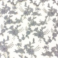 Beaded Floral Embroidered Lace With Scalloped Edge Grey